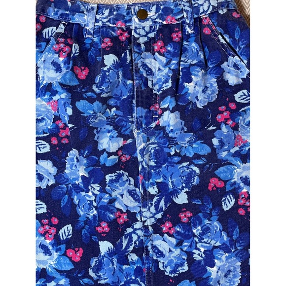 Vintage 90s Blue Floral Denim High Waist Button Front Mini Skirt Size 6 - Picture 3 of 9